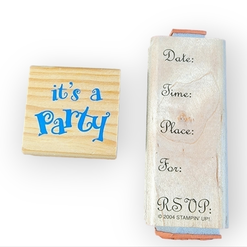 Lot of 2 wooden block rubber stamps for Party invitations